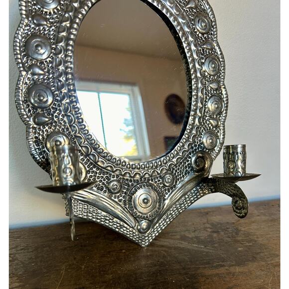 Vintage Ornate Silver Hand-Hammered Metal Frame with Candleholders - Picture 2 of 5